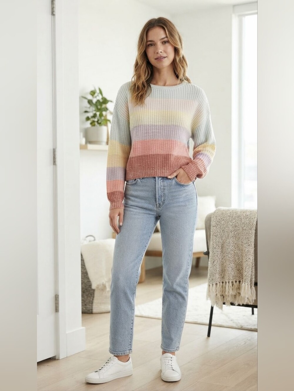 Billabong Pastel Rainbow Striped Crewneck Sweater – Size Medium